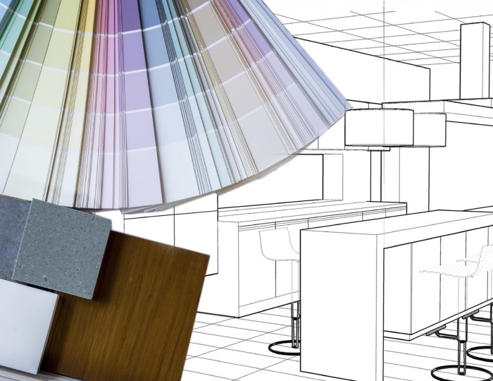 Interior illustration sketch with material color scheme on white table